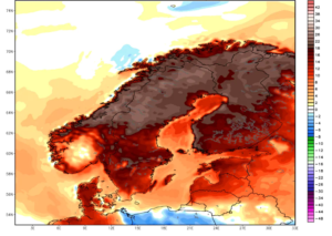 Skandinávie - teplotní anomálie v červenci 2018